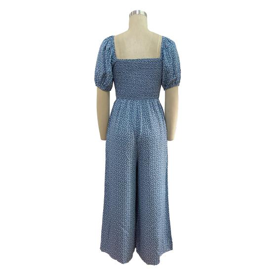 Women's Square Neck Jumpsuit Floral Puff Short Sleeve Wide Leg Pants Romper Summer Casual