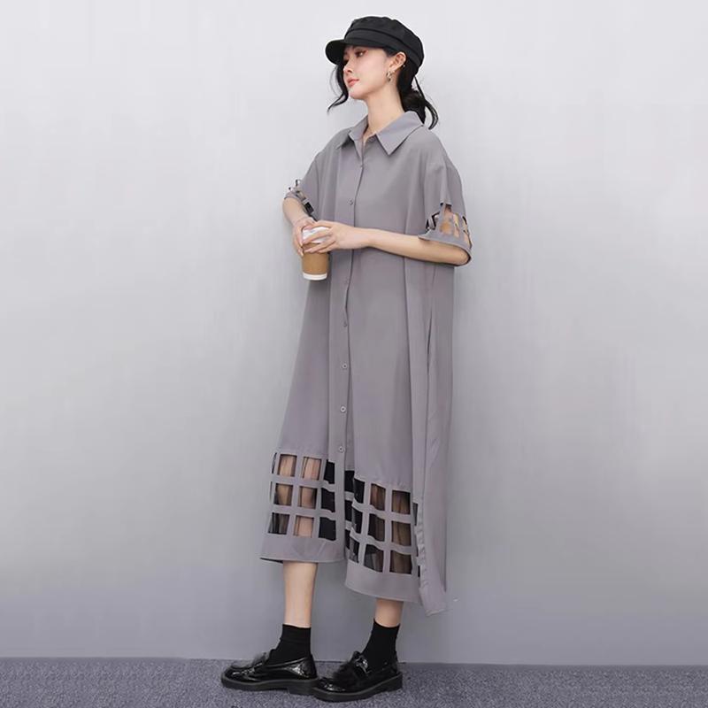 XITAO Hollow Out Patchwork Gauze Short Sleeve Dress GYX1621