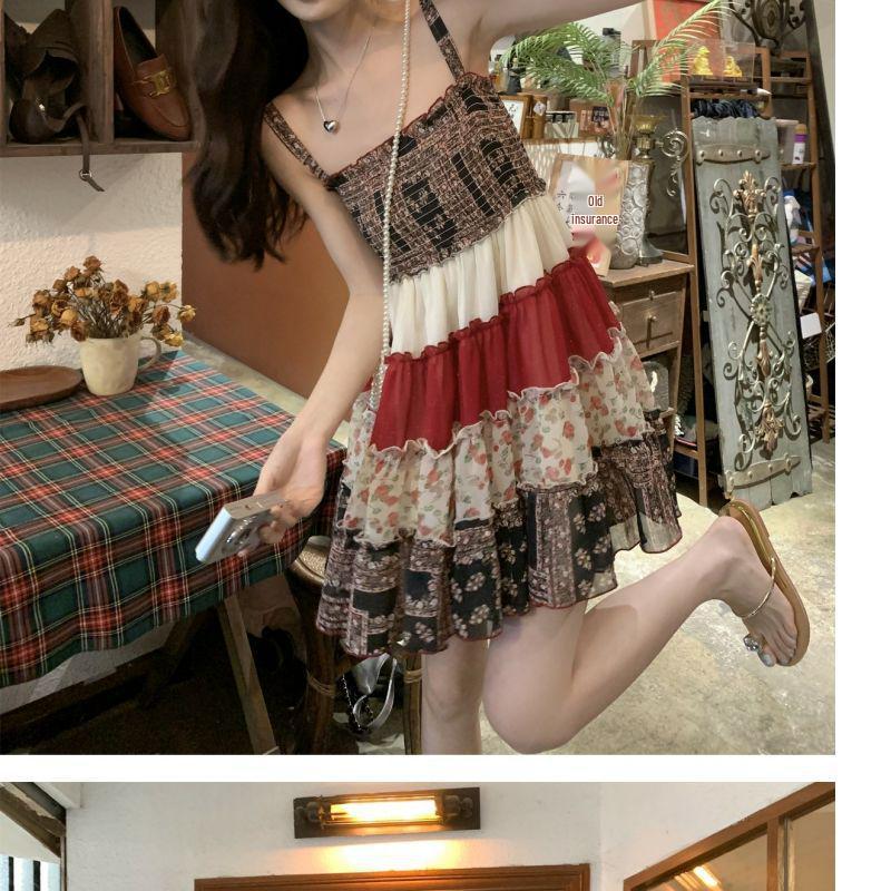 2026 Retro Floral Chiffon Sling Dress for Petite Women
