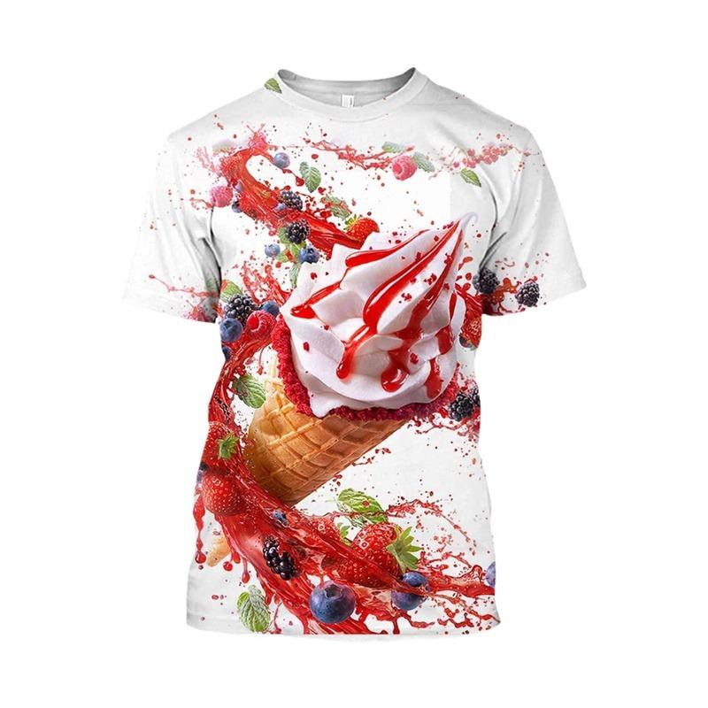 Eis 3D-Druck T-Shirt Herren Erdbeer Schokolade Grafik T-Shirt Unisex Lustig Essen Lässig Kurzarm Oberteile Cartoon T-Shirt