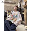 Neue Mode Koreanischer Stil Frühling Herbst Damen Streetwear T-Shirt O-Ausschnitt Bunter Druck Übergroßes Oberteil Langarm Baggy Übergröße Stilvolles T-Shirt