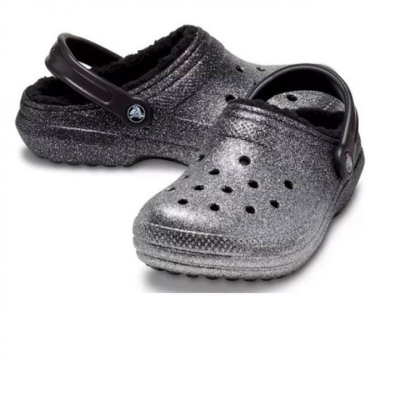 Crocs Common Classic Glitter Lined Clogs Black Silver 205842 067