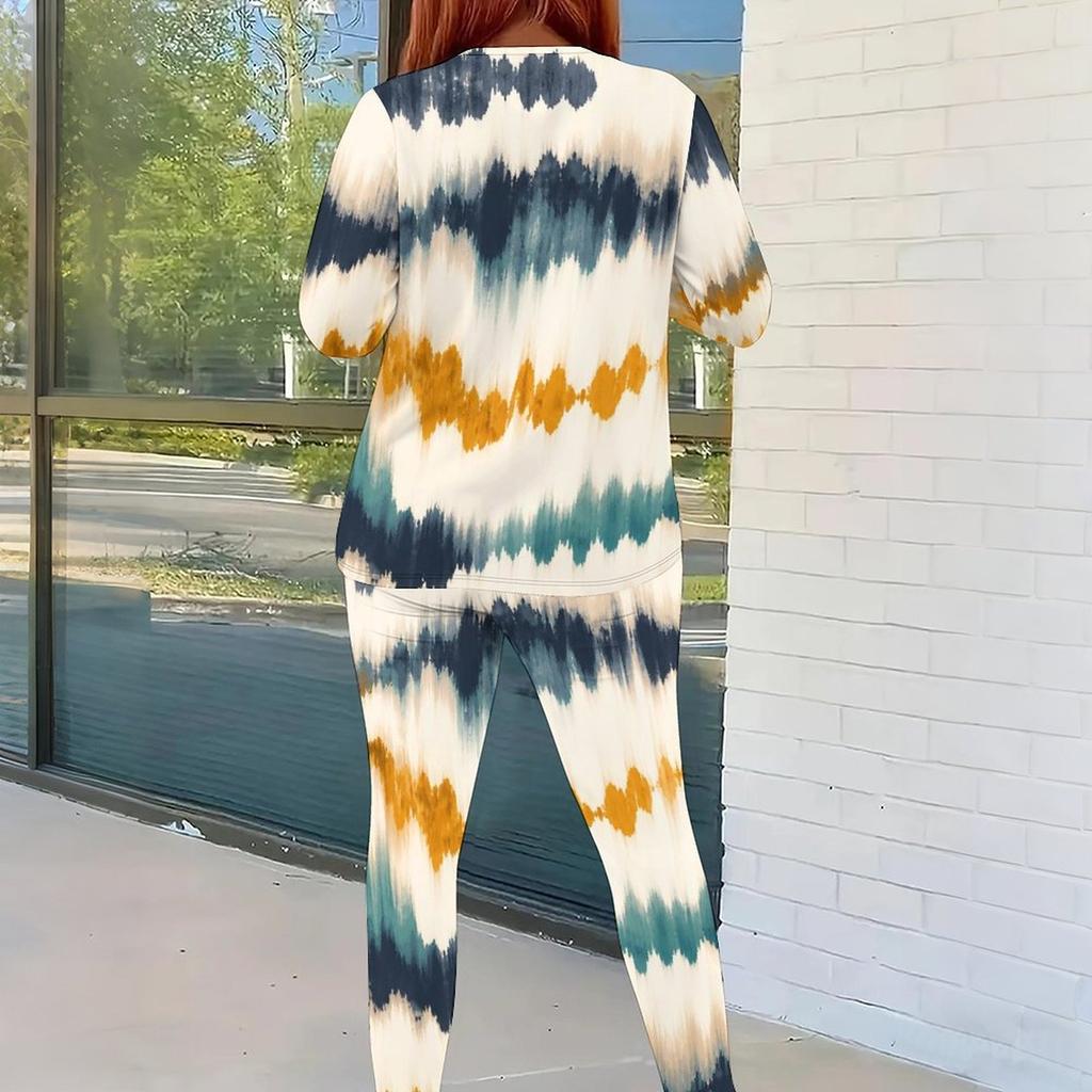 Women Plus Size Two Piece Set Round Neck Long Sleeve Printed Top And Fitted Pants