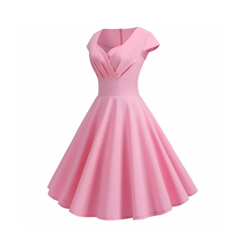 Women Summer Dress Solid Color Vintage Casual Party Robe Rockabilly Dresses Vestidos