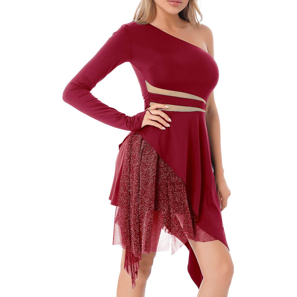 Buy Long Sleeve Latin Dance Dress Asymmetrical Hem Patchwork Dresses