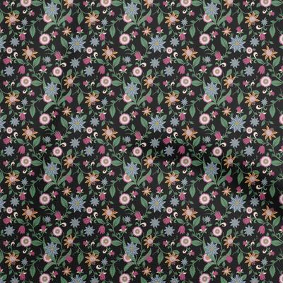 Cotton Poplin Black Fabric Asian Japanese Floral Sewing Material Print Fabric By The Yard 42 Inch