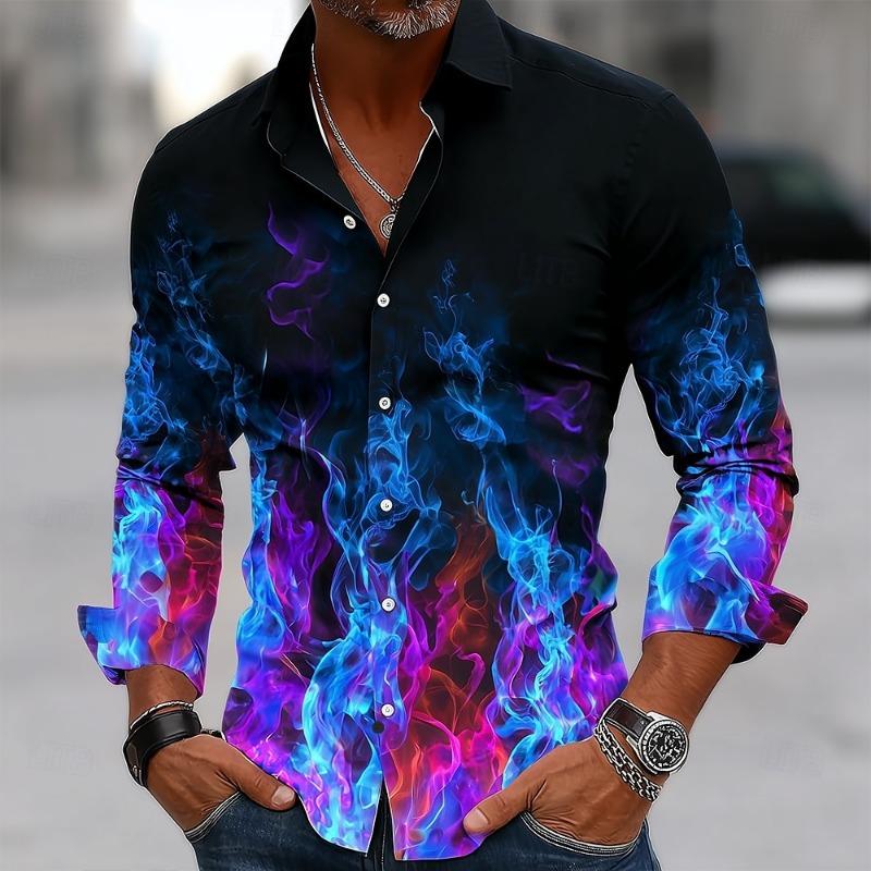 Hip Hop Flame Print Shirt Men Streetwear 2025 Fashion Long Sleeve Tops Urban Trendy Graphic Tee Shirt Casual Loose Fit Clothing