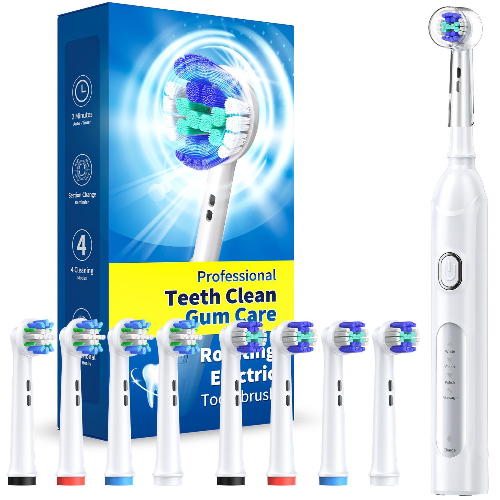 

Rotating Electric Toothbrush with 8 Brush Heads 4 Deep Cleaning Rechargeable Power Smart and Fast Charging (2 Types), Modes, Supply, 2-Minute Timer, белый