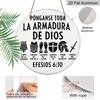 2D Flat, 1pc 7.87*7.87 Inch Round Spanish Aluminum Sign, a Vintage Decorative Plaque About "The Armor of God" from Ephesians 6:10. Suitable for