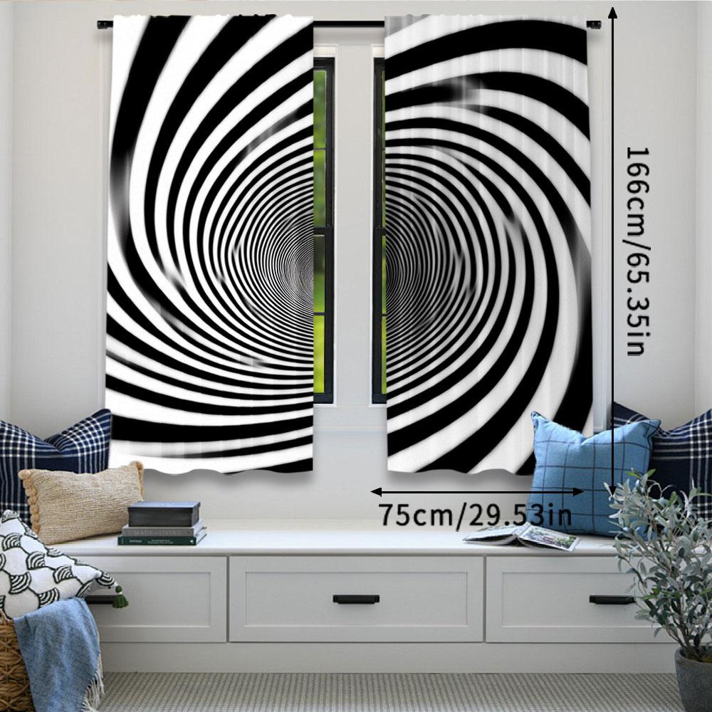 2Pcs Black And White Spiral Vortex Curtain Futuristic Pipeline Tube Endless Tunnel Striped Swirl Window Drapes All Season Charm
