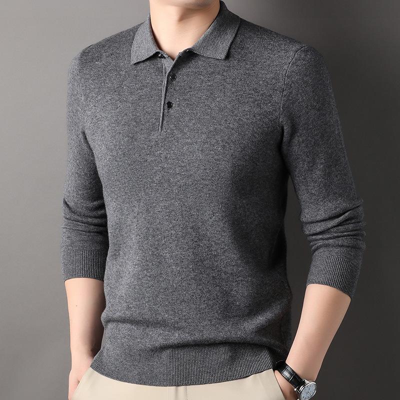 Spring and Autumn Cardigan Men's Lapel Sweater 100 Pure Wool Sweater Bottoming Shirt Dad Top Men's Clothing
