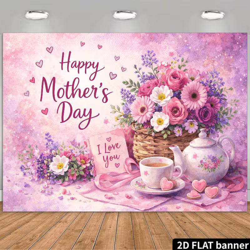 2D Mother s Day Tea Party Backdrop, Pink Purple Floral Banner, Happy Mother s Day Decor 47.2x31.5inch/120*80cm