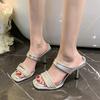 Fashion Elegant Summer Square Toe High Heel Slippers Crystal Embellished Dress Shoes for Women Street Style Ladies Slides