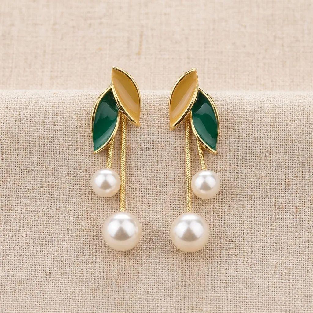 Simulation Pearl Leaf Fringed Earrings Dripping Oil Long Earrings Temperament Earrings Tassel Earrings