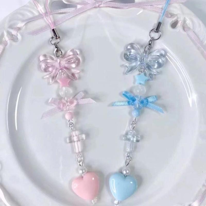 Handmade Bowknot Phone Chain Heart Pendant Keychain Rose Flower Charm Phone Lanyard Straps Acrylic Keyring Bag Ornament
