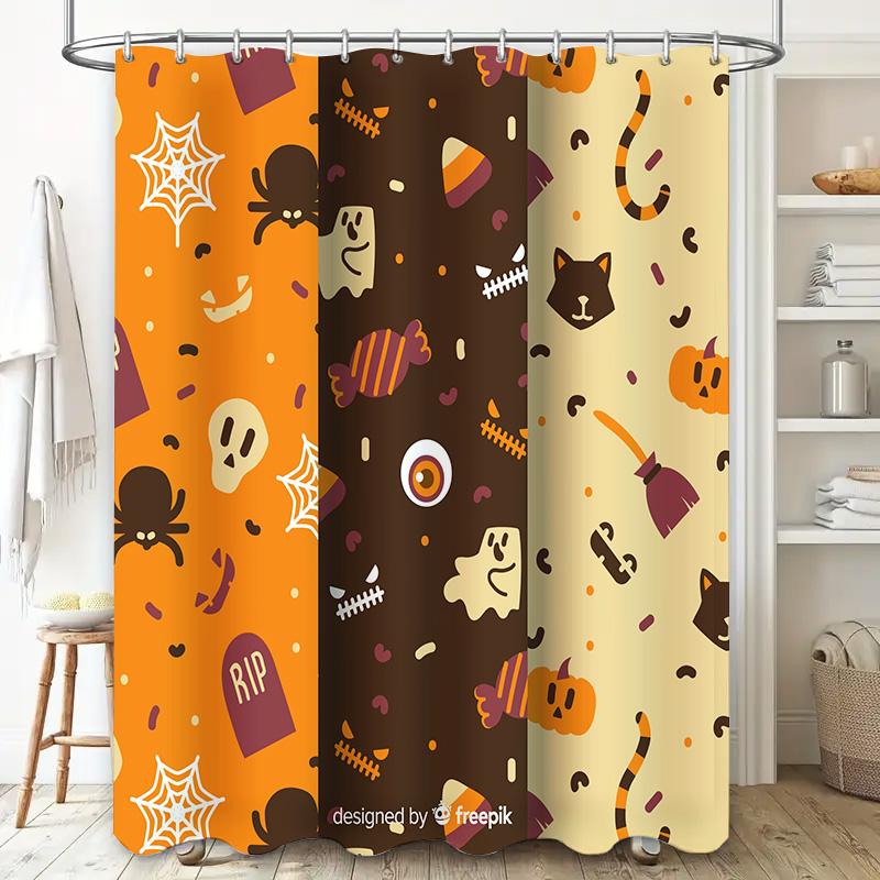 Halloween Shower Curtain Set Spooky Witch Cat Print Bath Decor for Kids Room Decoration Orange Black Brown Red White Yellow (3 P
