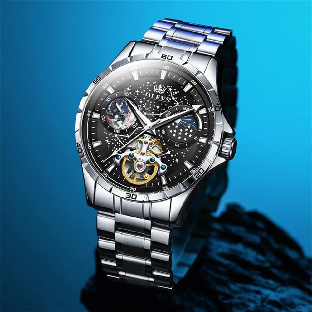 OLEVS Men's Automatic Mechanical Watch Starry Sky Dial Skeleton Design Leather Band Waterproof Blue