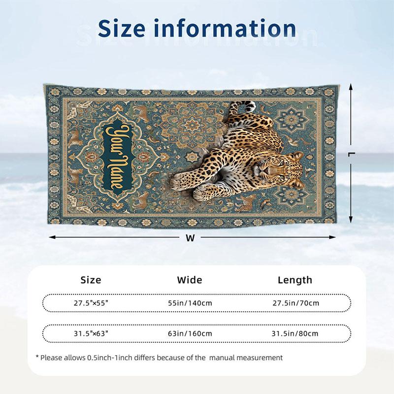 Leopard Ornate Frame Theme Quick Dry Beach Towel Custom Name Text Print Large Sand Resistant Towel Beach Vacation