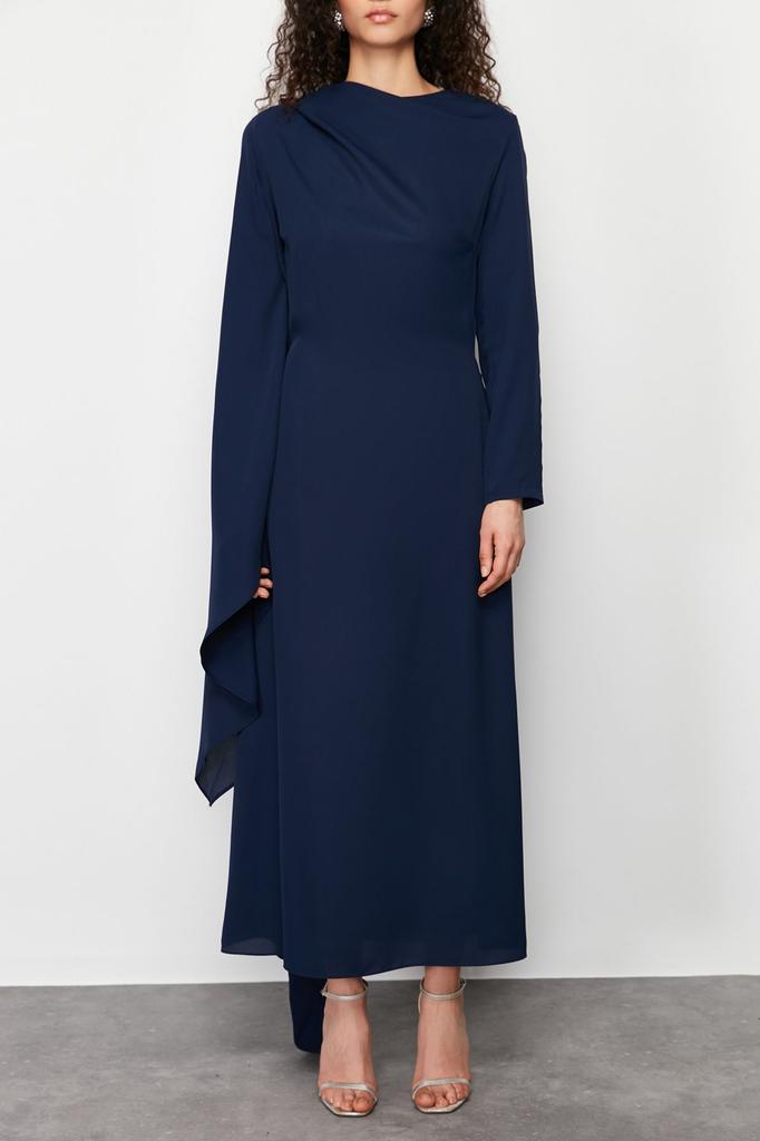 Women's Fashion Navy Blue Shawl Detailed Evening Dress Unlined Dress