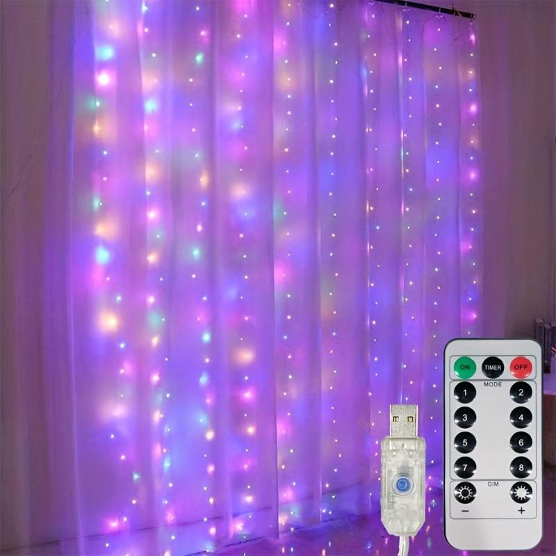 

Светодиодный занавес с питанием от USB и дистанционным управлением - 600/300 шт. светодиодных гирлянд для Рождества, Хэллоуина, свадьбы, вечеринки, украшения стен 9.84ft x 9.84ft - 300LED разноцветный