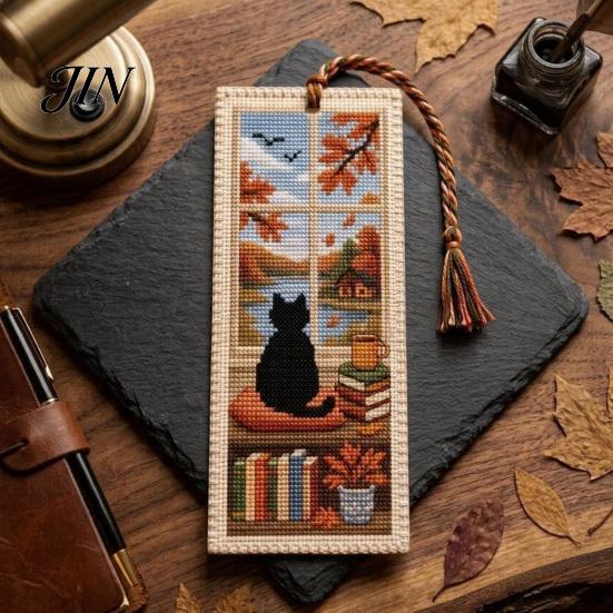 Vintage Style Bookmark DIY Stitch Kit for Adults Beginners, Seasonal Cat Retro Handmade Embroidery Kit, Gifts Lovers, Readers Artistic