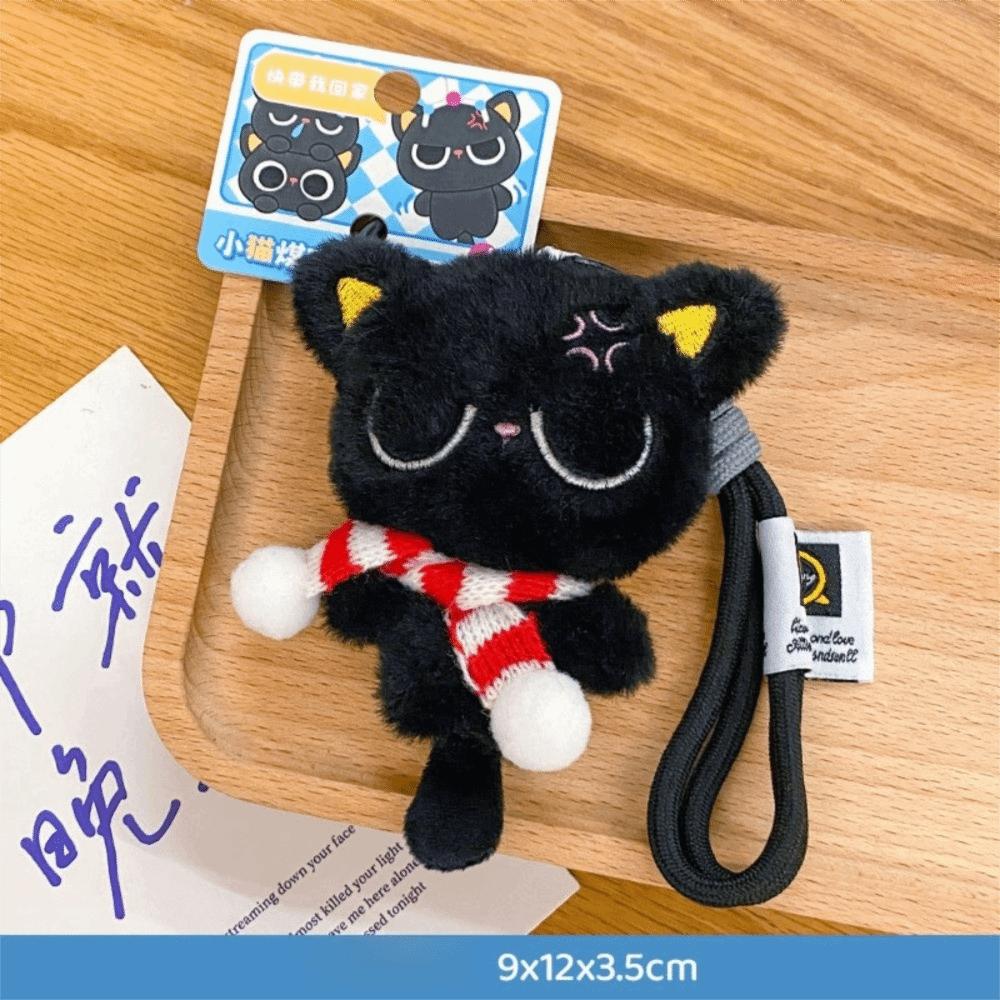 Sleepy Black Cat Plush Keychain Soft Car Key Ring New Bag Charms School Bag Decoration