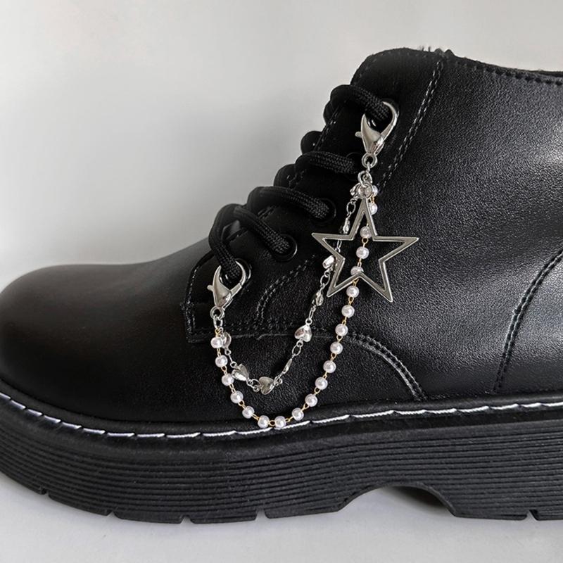 Doppellagige Schuhkette Canvas Schuhe Ketten Punk Stil Stern/Herz Perlen Schuhschnallen Schmuck Trendy Y2k Accessoires