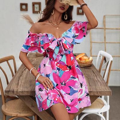 Summer Ruffle Sleeve Sweetheart Pleated Dress Mini Dress Women Loose Pleated Beach Sundress Floral Printed Dress Elegant Dresses