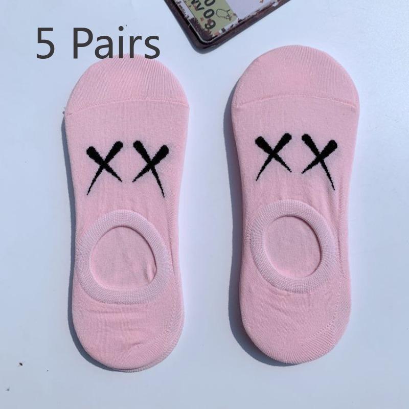 5 Pairs of Men and Women Shallow Socks Spring and Summer Tide College Style Creative Leisure Short Purple White Rubber Cotton Socks Wholesale