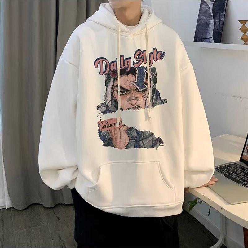 

Men s High-Street Japanese Style Anime Print Hoodie - Fleece-Lined, Autumn/Winter, Unisex Pullover 4XL темно-зелений колір