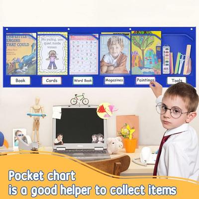 Sturdy Horizontal Storage Pocket Chart Reusable with 6 Clear Pockets Homework Storage Pocket Chart Wall Mounted Durable