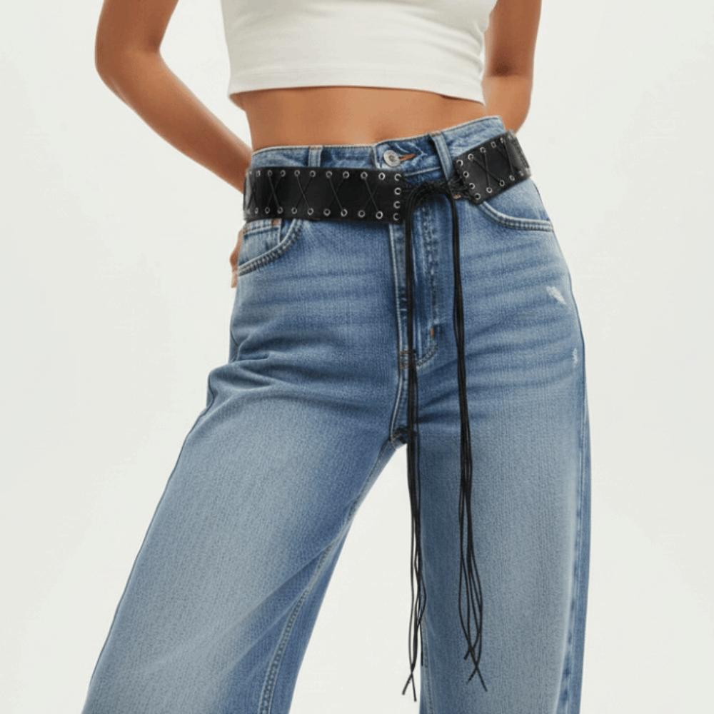 Wide Side Black Punk Belt Lace-up Straps Tassel Belt Leather Waist Chain Men Waist Decoration