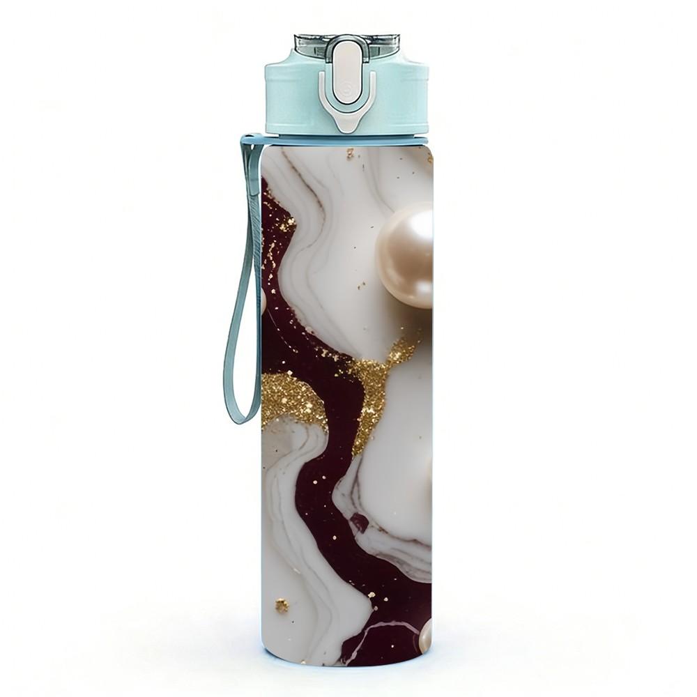 1PC Dark Brown Pearl Marble Pattern 750ml Color Plastic Sports Water Bottle Leakproof Flip Straw Lid Suitable for Sports Office Home Use