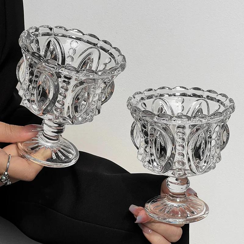  1/2 st retro präglad hög glaskopp whiskymugg ​​svart kristall hem kreativ kaffe glass yoghurt dessertbägare