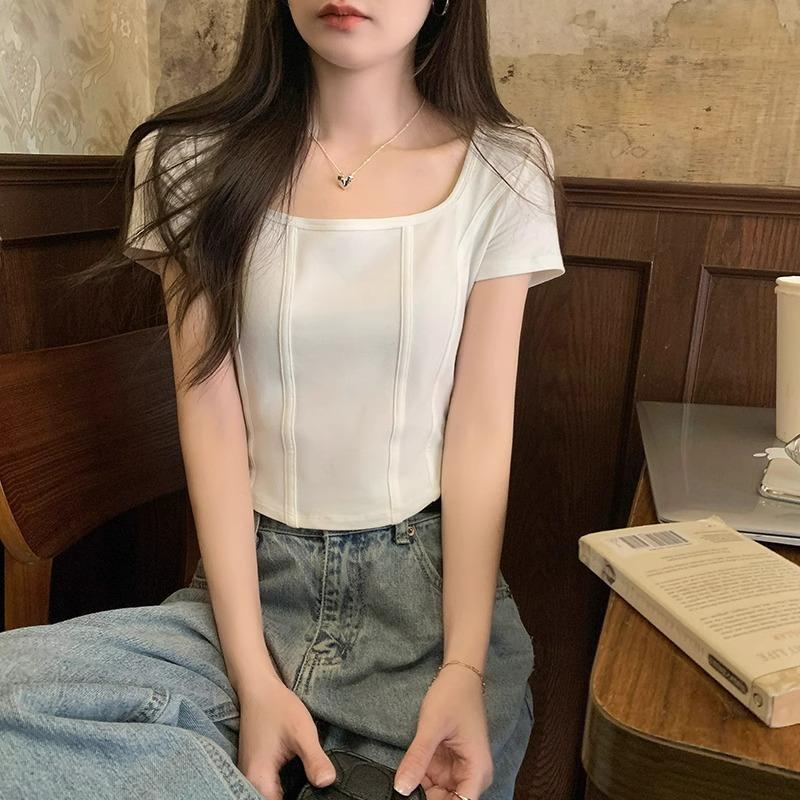 Irregular fishbone slim short t-shirt for women with square neck, right shoulder, pure lust hot girl summer short-sleeved top