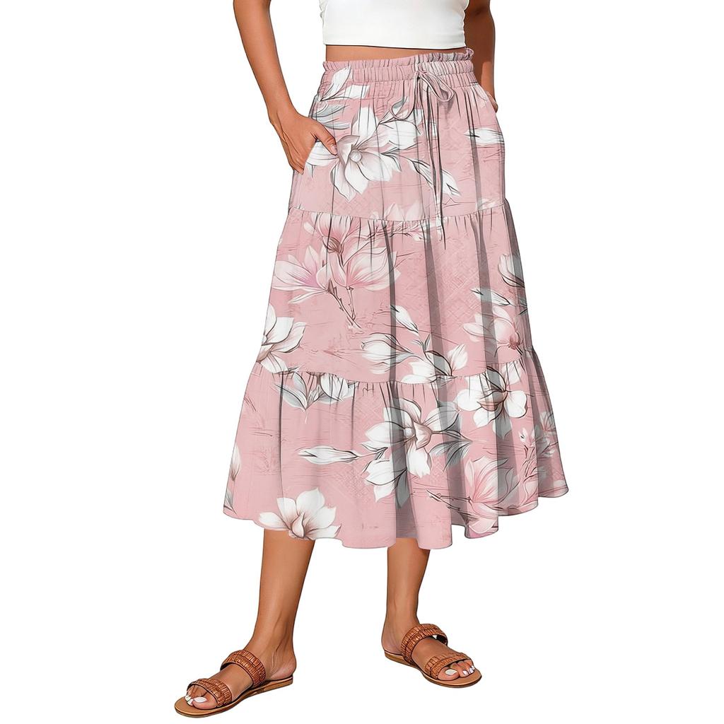 Womens Maxi Skirt Drawstring High Waisted Summer Long Skirts Lightweight Tiered Flowy Floral Pleated Skirts
