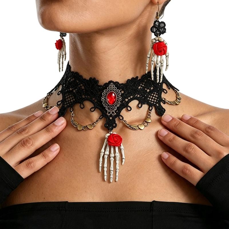 Black Lace Centerpiece Neck Jewelry Set Gothic Statement Accessories for Themed Photo Shoots, Festivals and Halloween Looks