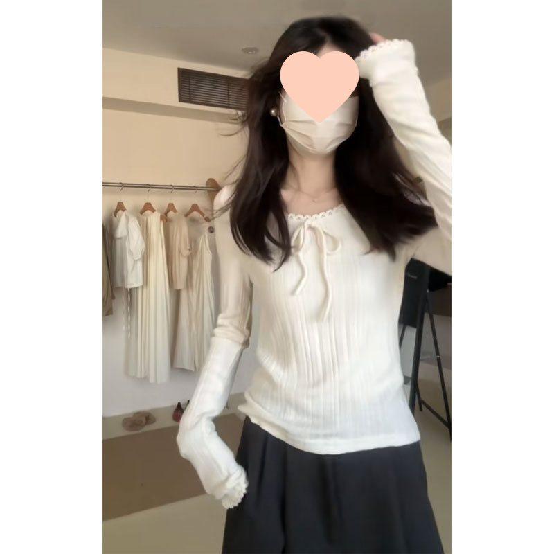 

French Bow Lace Slim Fit Women s Long-Sleeve Layered Top for Spring and Autumn Large абрикосовый