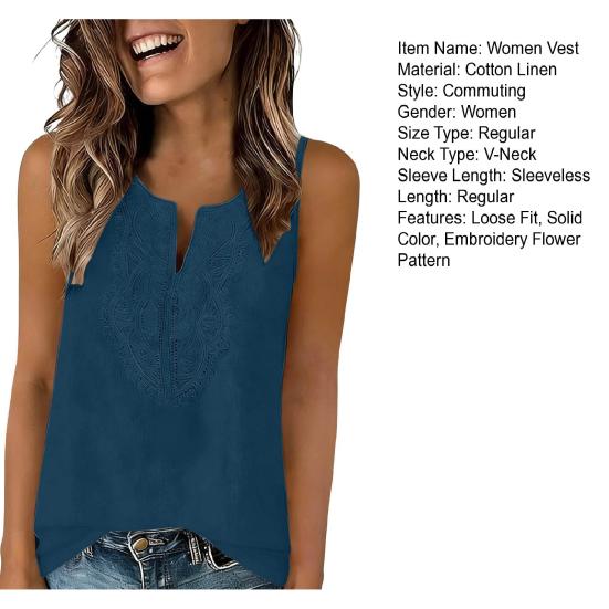 Women Vest V Neck Lace Front Sleeveless Tunic Tops Pure Color Loose Fit Breathable Summer Tops Casual Work Travel