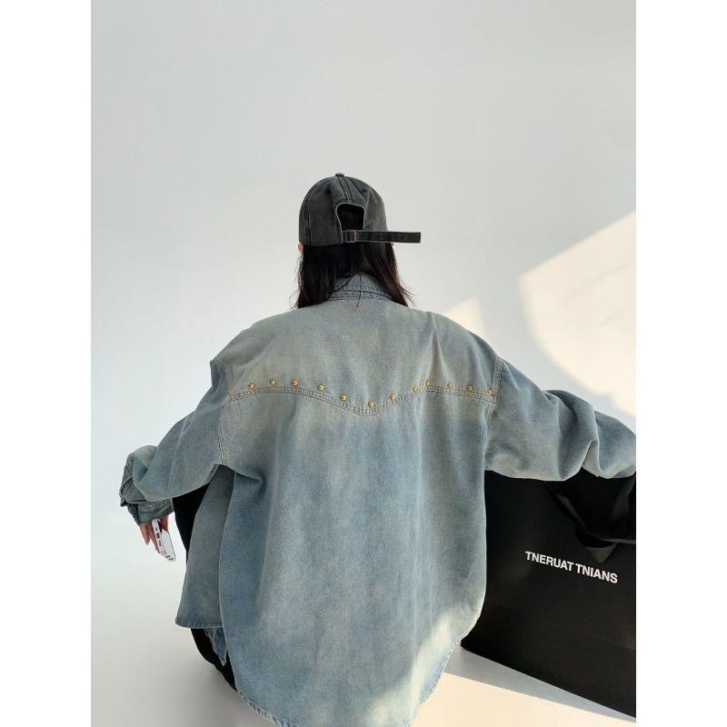 Autumn New American Niche Old Rivet Denim Long-sleeved Shirt Women's Loose Couple Short Jacket Trendy