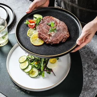 Flat Ceramic Western Dish Household 8-inch Black Non Slip Steak Plate Restaurant Commercial White Circular Pasta Tableware