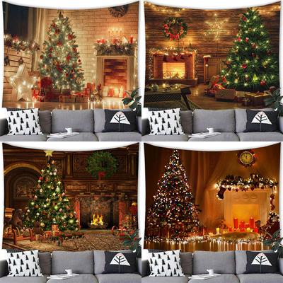 Merry Christmas Christmas Tree Fireplace Printed Pattern Tapestry Home Living Room Bedroom Background Wall Decoration Tapestry