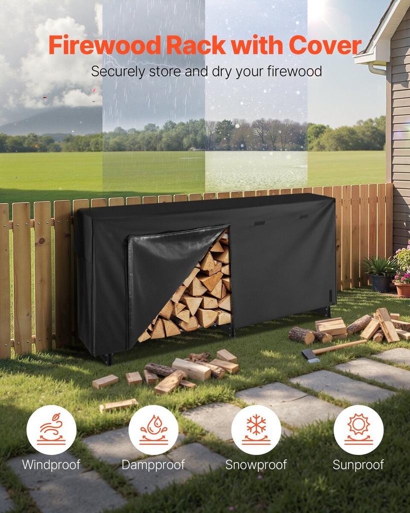 Firewood Rack with Waterproof Cover, 2.57m Outdoor Firewood Holder, 1/2 Cord Storage Metal Log Holder, 299kg Max Weight Capacity, Top Covered,