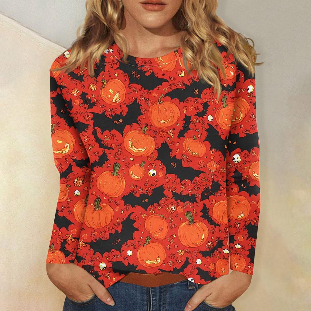 Women's Fashion Casual Halloween Printed Round Neck Long Sleeve Pullover Top