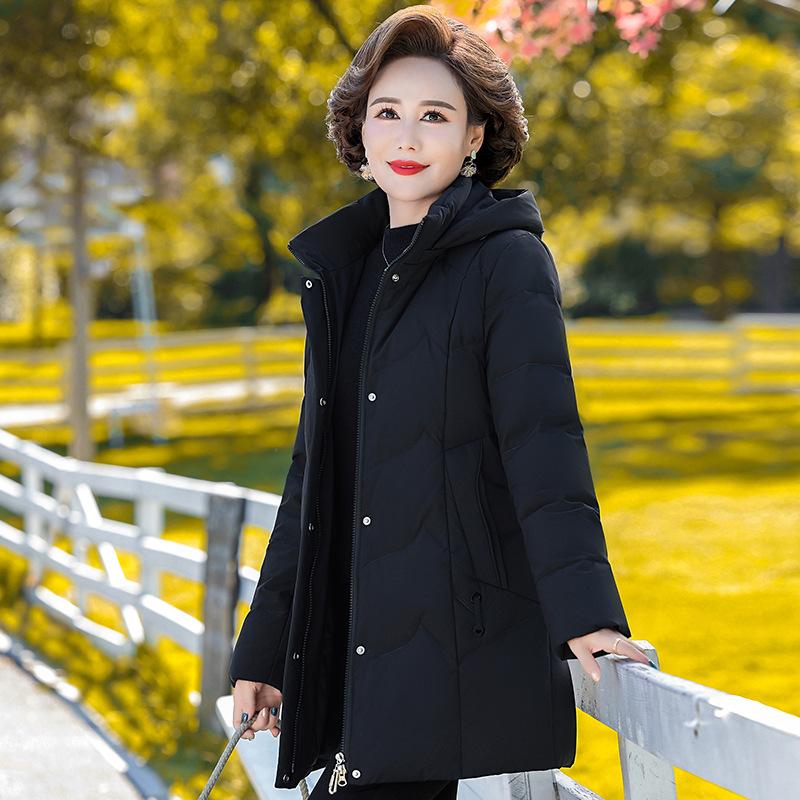 Down Jacket Women's Medium and Long Foreign Style New Loose Large Size Middle-aged and Elderly Mother White Duck Down Thickened Winter Clothing