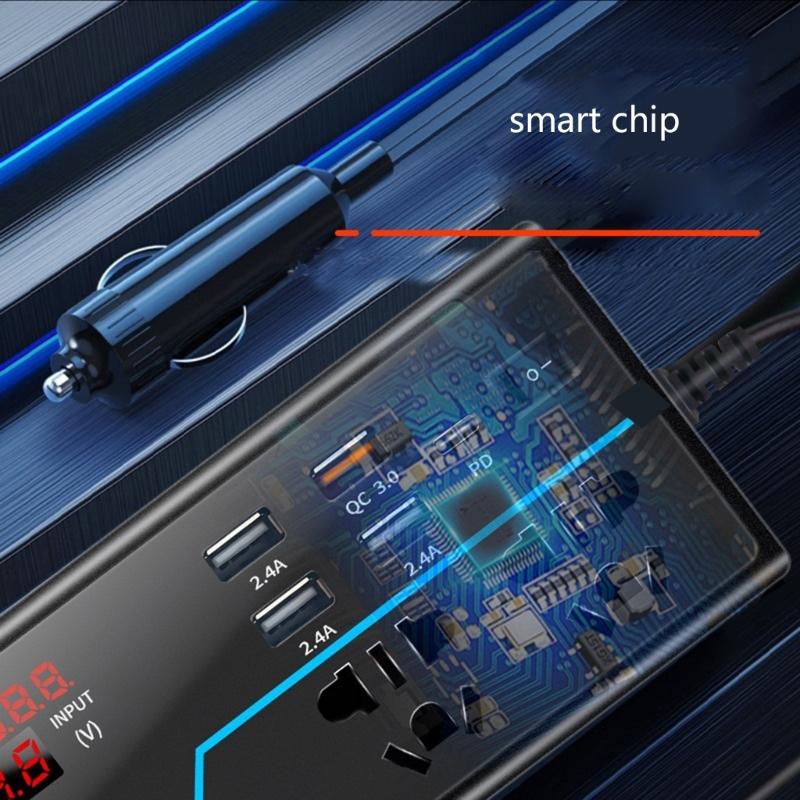 Portable Car Inverter Converts 12V/24V  to 110V/220V  with Voltages Display Compact Vehicle Inverter Simple Operate