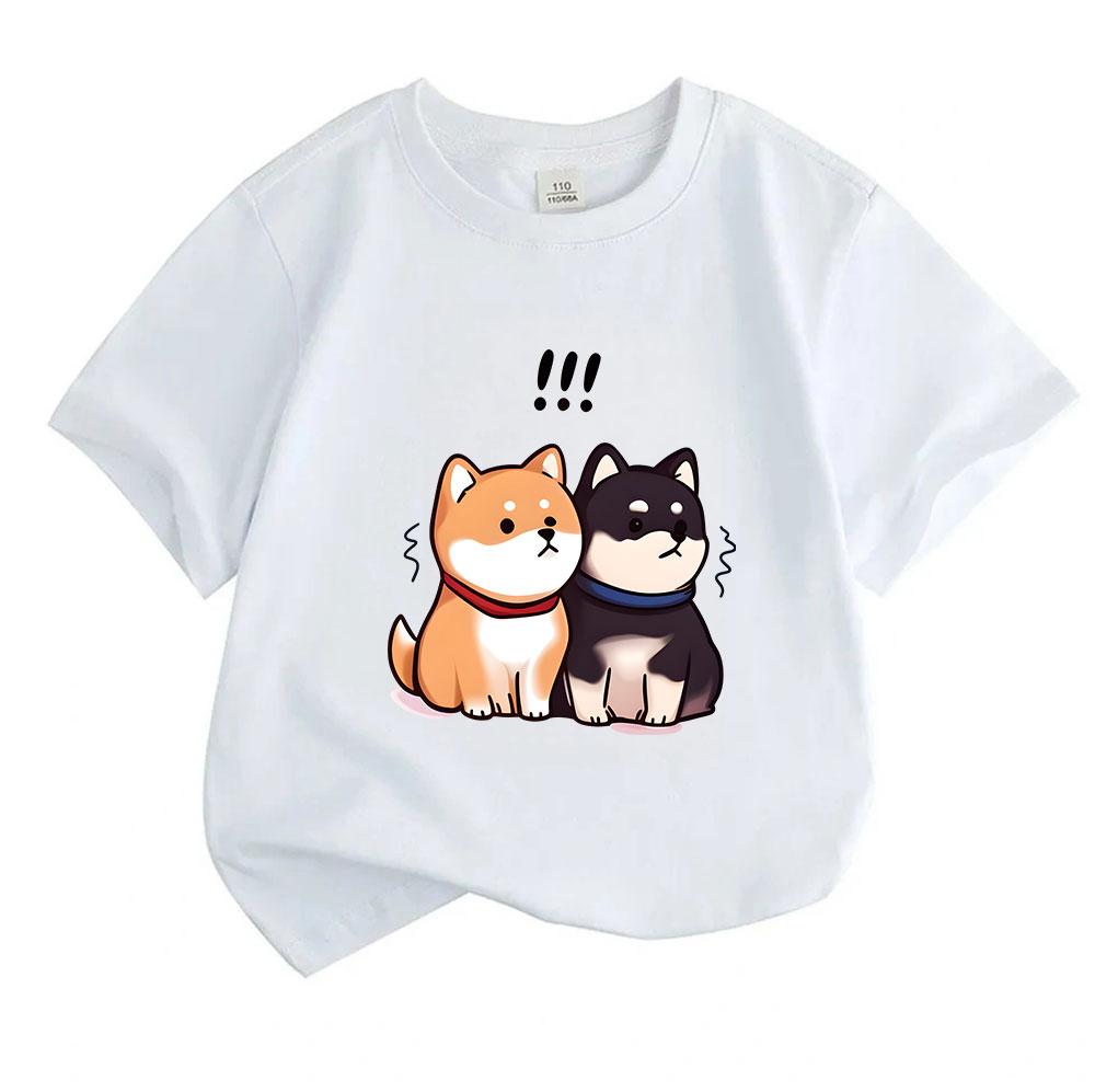 Kids Boys Girls Crew Neck Short Sleeve 100% Cotton T-shirt, Cute Cartoon Shiba Inu Couple Surprised Print Casual Soft Breathable Summer Tee for Childr