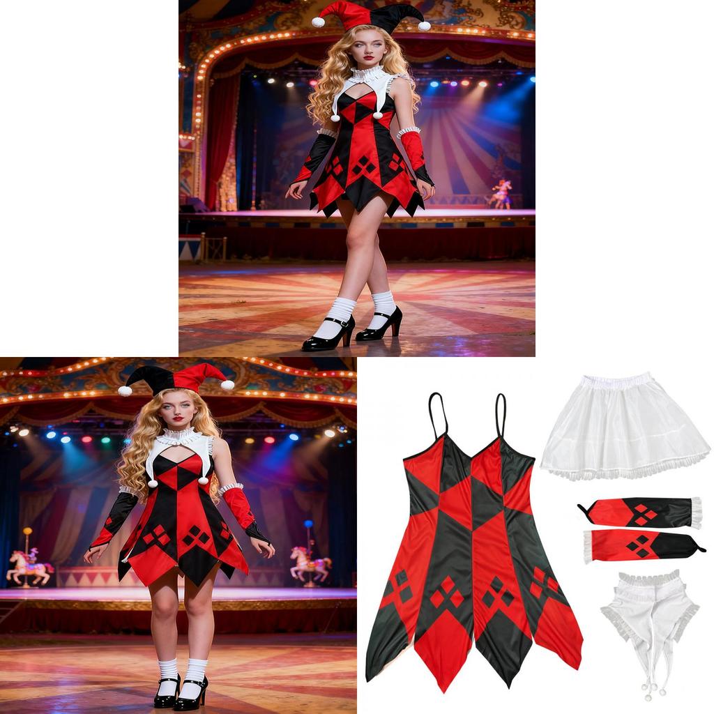 Costum de clovn de Halloween pentru femei din țesătură de poliester cu tematică fantasy pentru spectacol pe scenă
