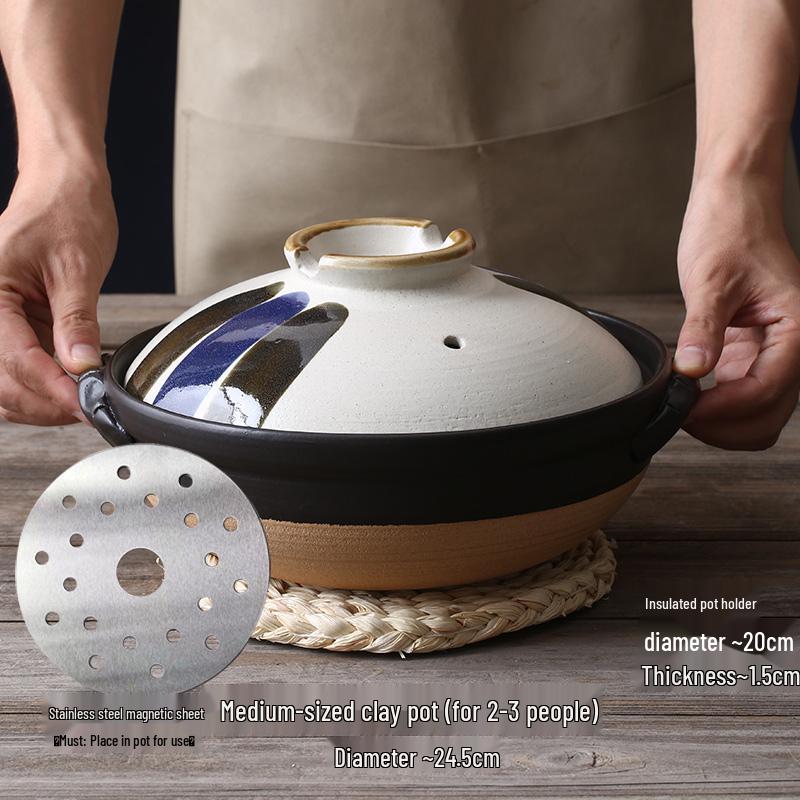 Japanse Keramische Kleipot: Multi-Use Stoofpot, Rijstkoker, Gas- en Inductiekookplaat - Kleine Maat Steen en Platte Pan voor Soepen.