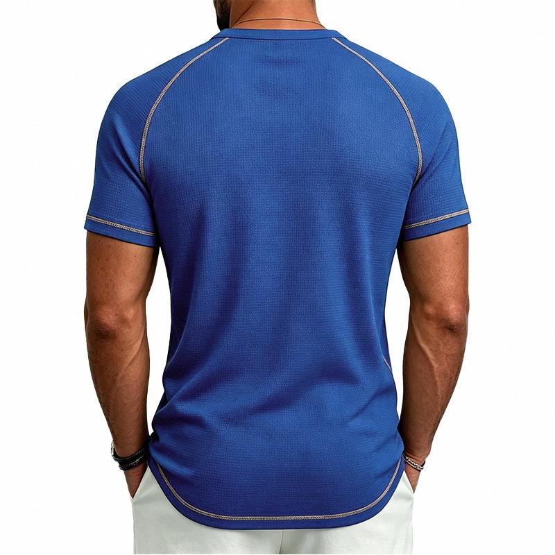 Mens Waffle Henley Collar Raglan Short Sleeve Color Block Casual T Shirt